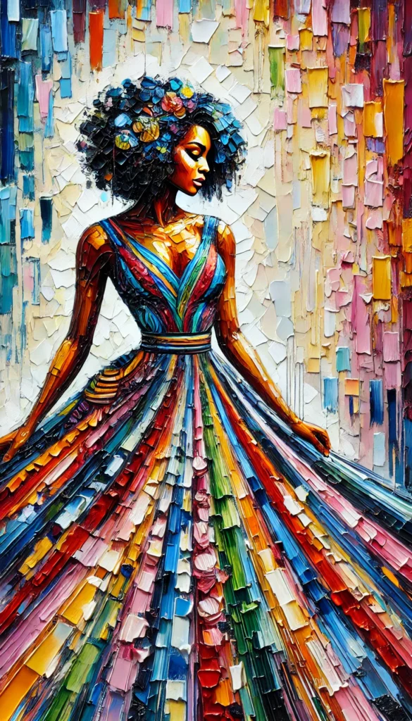 Boho Black Woman Art A Fusion of Feminism and Aesthetics. vibrant and colourful full-body impasto painting of an abstract black woman wearing a dress.