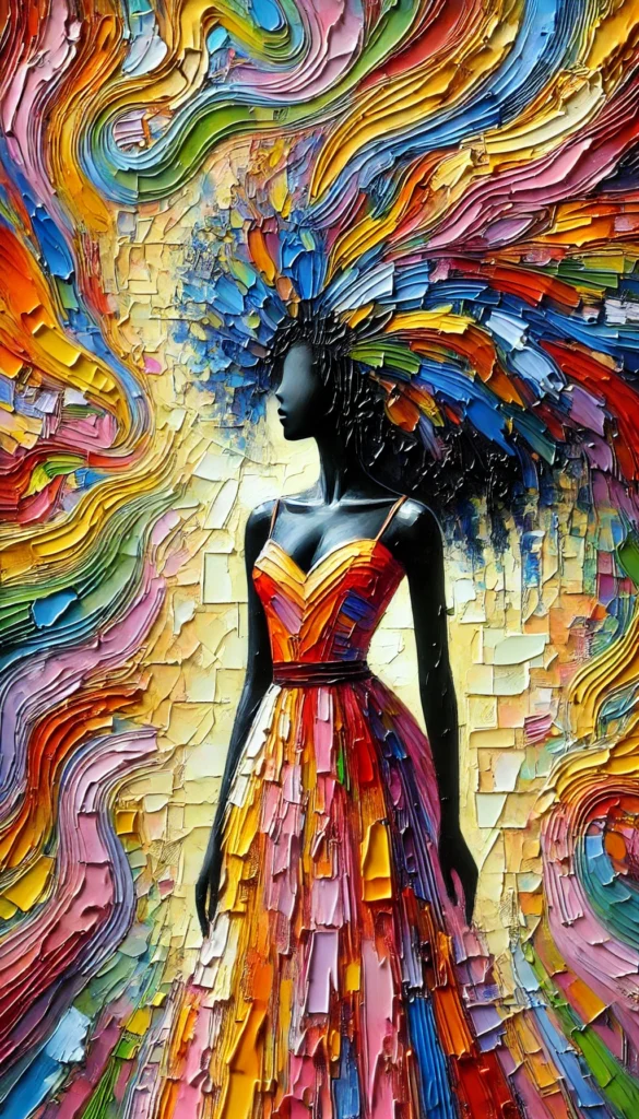 Boho Black Woman Art A Fusion of Feminism and Aesthetics. vibrant and colourful full-body impasto painting of an abstract black woman wearing a dress.