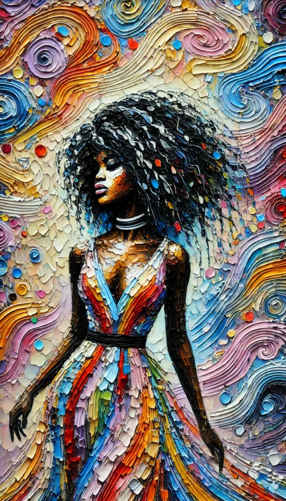 Boho Black Woman Art A Fusion of Feminism and Aesthetics. vibrant and colourful full-body impasto painting of an abstract black woman wearing a dress.