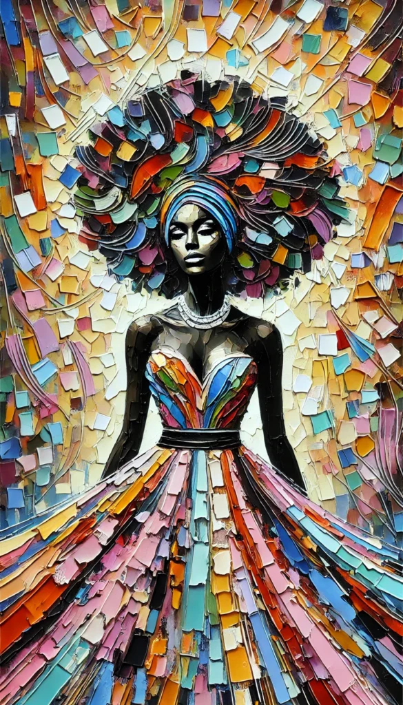 Boho Black Woman Art A Fusion of Feminism and Aesthetics. vibrant and colourful full-body impasto painting of an abstract black woman wearing a dress.